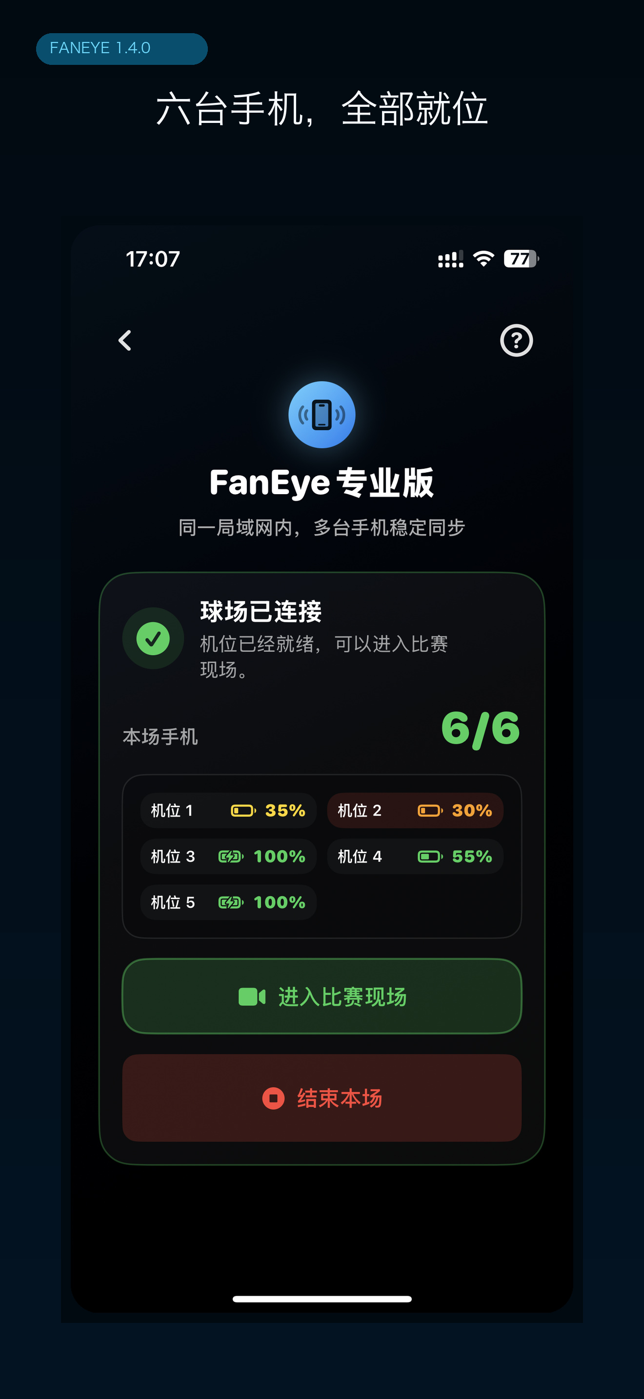 专业版球场已连接界面,显示六台手机已加入和五个机位的电量
